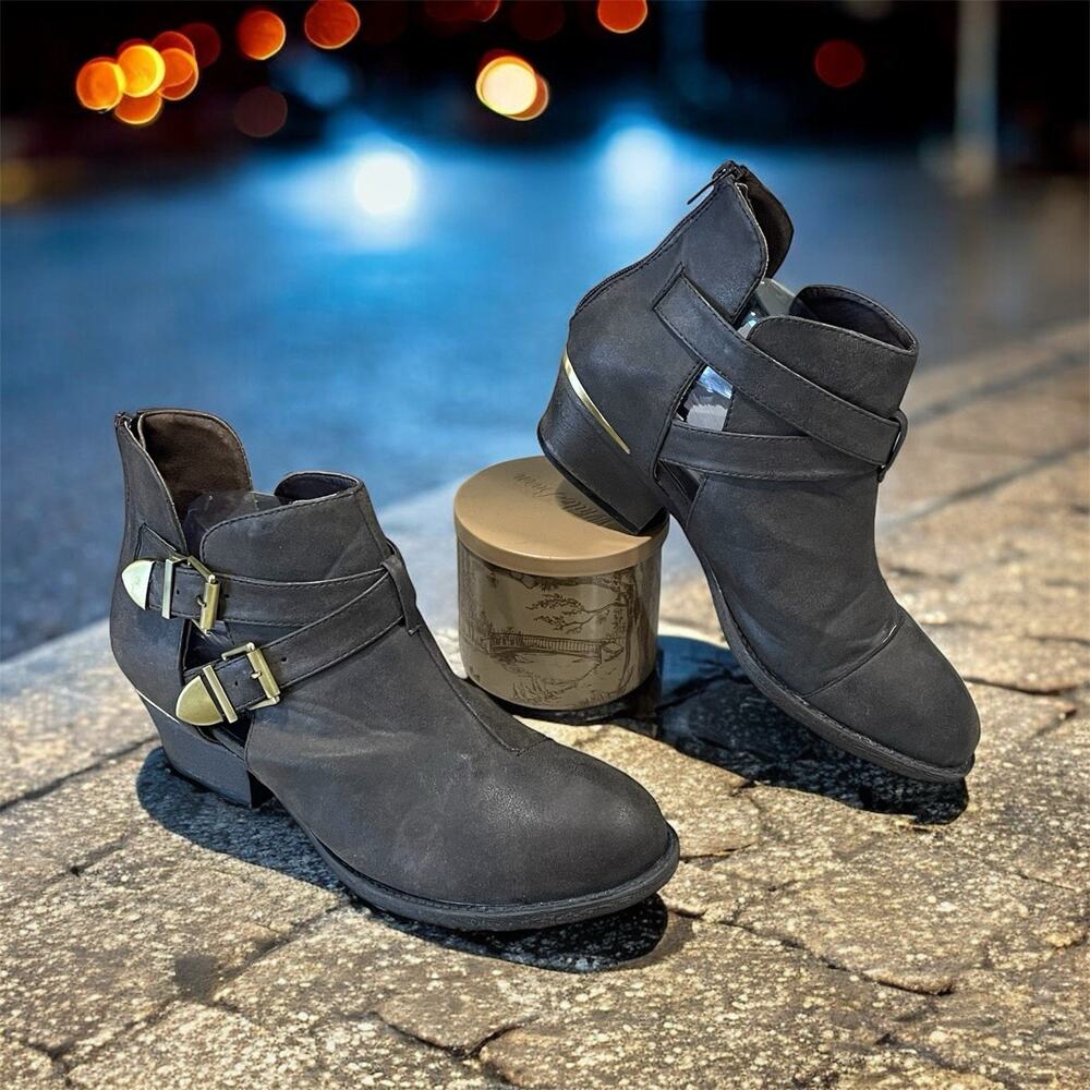 Bethany Mota -Women’s Sz 9 Brown Buckle Booties Faux Leather Ankle Boots -Zips